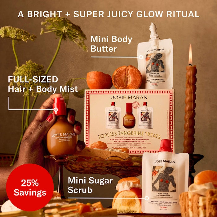 Josie Maran | Topless Tangerine Treats Body Butter, Fragrance Mist, Sugar Scrub Gift Set