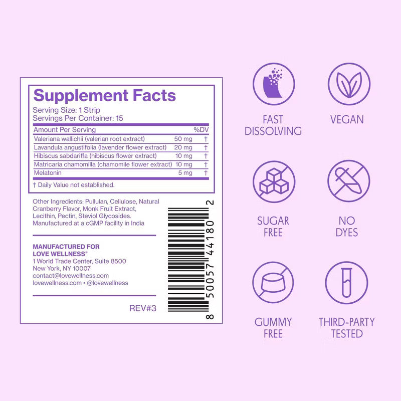 Love Wellness | Sleep Quick Melt Strips - Occasional Sleeplessness Support - Cranberry - 15ct