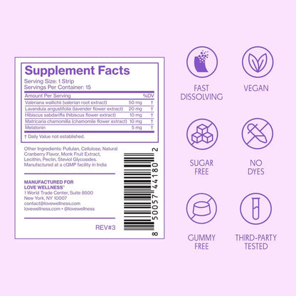 Love Wellness | Sleep Quick Melt Strips - Occasional Sleeplessness Support - Cranberry - 15ct