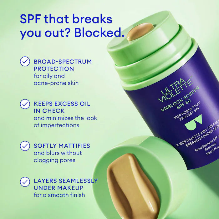 Ultra Violette | Unblock Screen SPF 50 Non-Acnegenic Facial Sunscreen with Bemotrizinol and Zinc Oxide