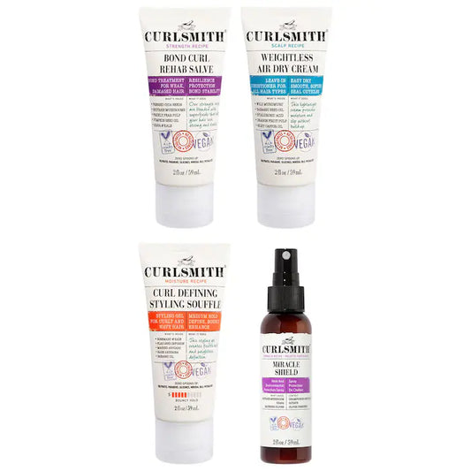 Curlsmith  | Core Trial Bond Treatment, Air Dry Cream, Styling Gel, and Heat Protectant Hair Set