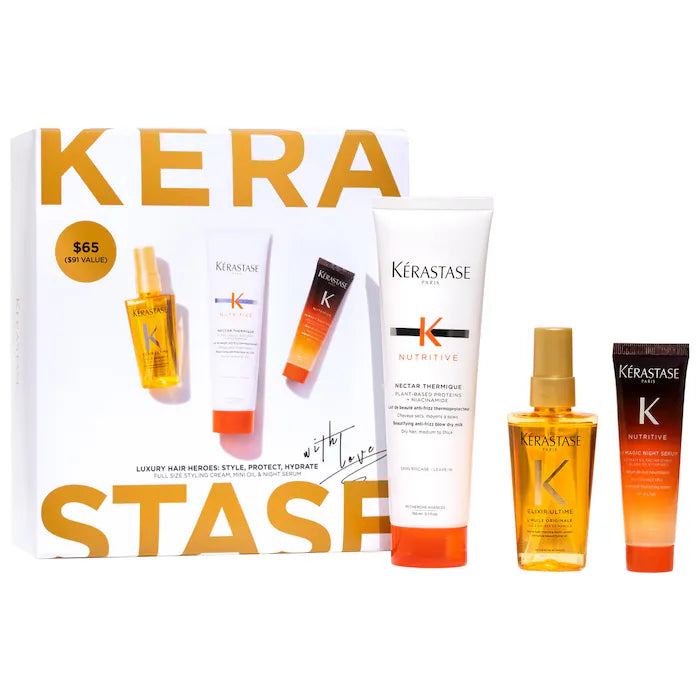 Kérastase | Nutritive Heat Protecting Styling Cream, Night Serum & Mini Elixir Ultime Hair Oil Set