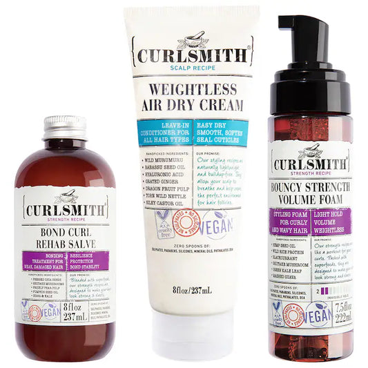 Curlsmith | Holiday Hair Bonding Treatment, Air Dry Cream, and Styling Foam Set