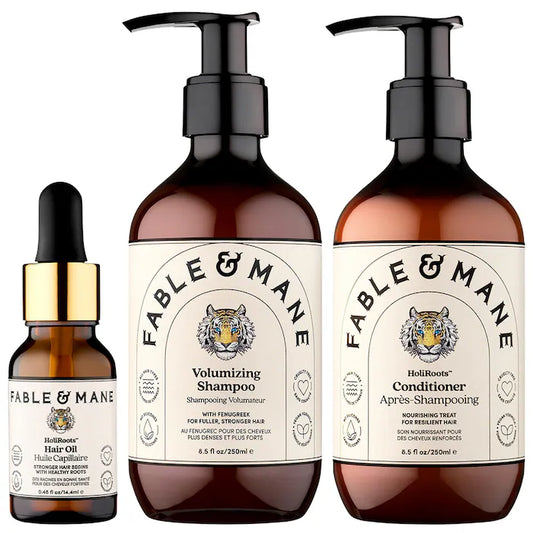 Fable & Mane | Volumizing Shampoo, Conditioner & Mini HoliRoots Pre-Wash Hair Oil Value Set