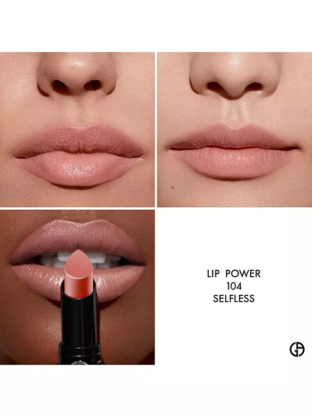 ARMANI BEAUTY | Lip Power Satin Long Lasting Lipstick Shade 104 Selfless - medium beige mauve (Trial Size)